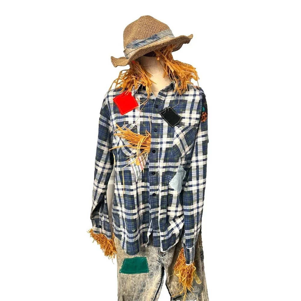 Vtg Handmade Scarecrow Costume Adult M/L Halloween USA Denim Patchwork Straw Hat